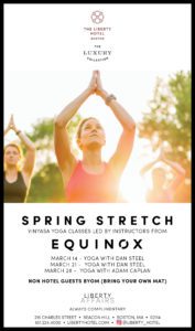 A woman in a tank top practices yoga outdoors at a Boston hotel, surrounded by others, promoting spring fitness classes at The Liberty Hotel Boston.