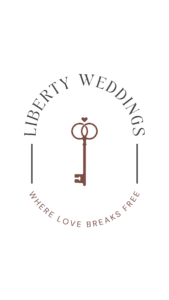 A vintage key with a heart-shaped top centers this circular logo for Liberty Weddings, a charming Beacon Hill wedding venue where love breaks free.