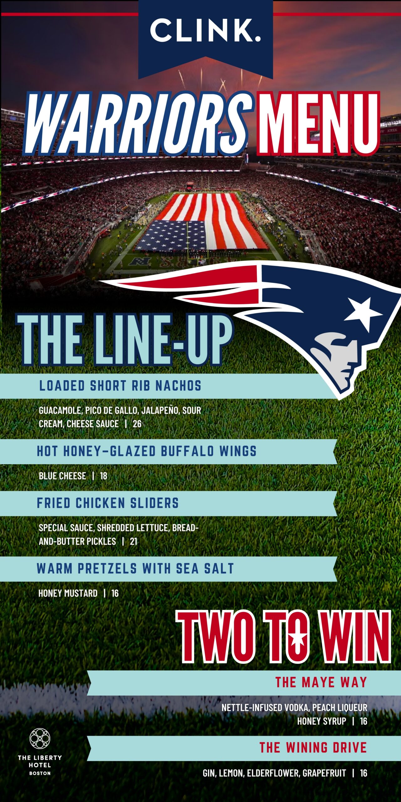 A Patriots-themed menu with a football field, the US flag, and menu items like nachos, wings, sliders, pretzels, and cocktails, in red, blue, white.