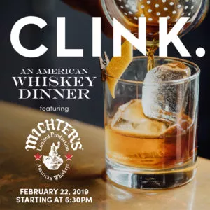 A hand pours whiskey into a glass with ice and a lemon twist. Text promotes a Boston American whiskey dinner by Michter’s on February 22, 2019.