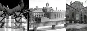 Three black-and-white photos of historic prison buildings, showing interior cell blocks and exterior views with barred windows and aged architecture.