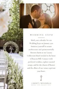A couple kisses at their wedding; below, an outdoor ceremony setup with white chairs and floral arch under trees, with wedding expo details on the right.