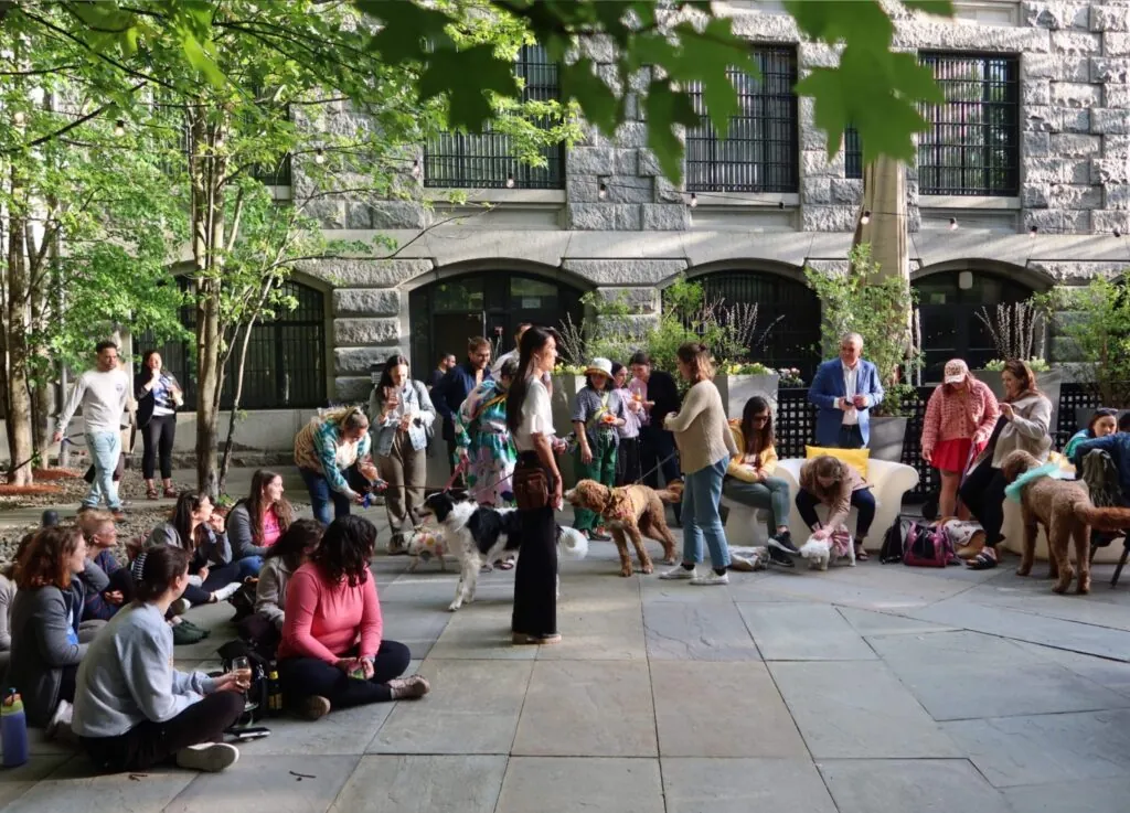 A photo captures people with dogs in a shaded hotel courtyard, some sitting, some standing, surrounded by trees and a stone building.