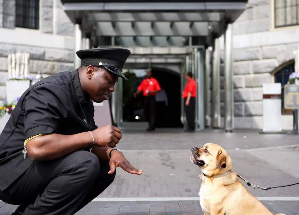 A security guard kneels, gesturing to a small dog on a leash outside a luxury building; two people in red uniforms stand in the background.