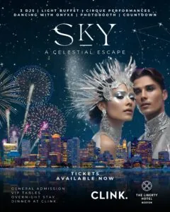 A glamorous couple in silver attire pose in front of a city skyline at night with fireworks, promoting a celestial-themed event at The Liberty Hotel.
