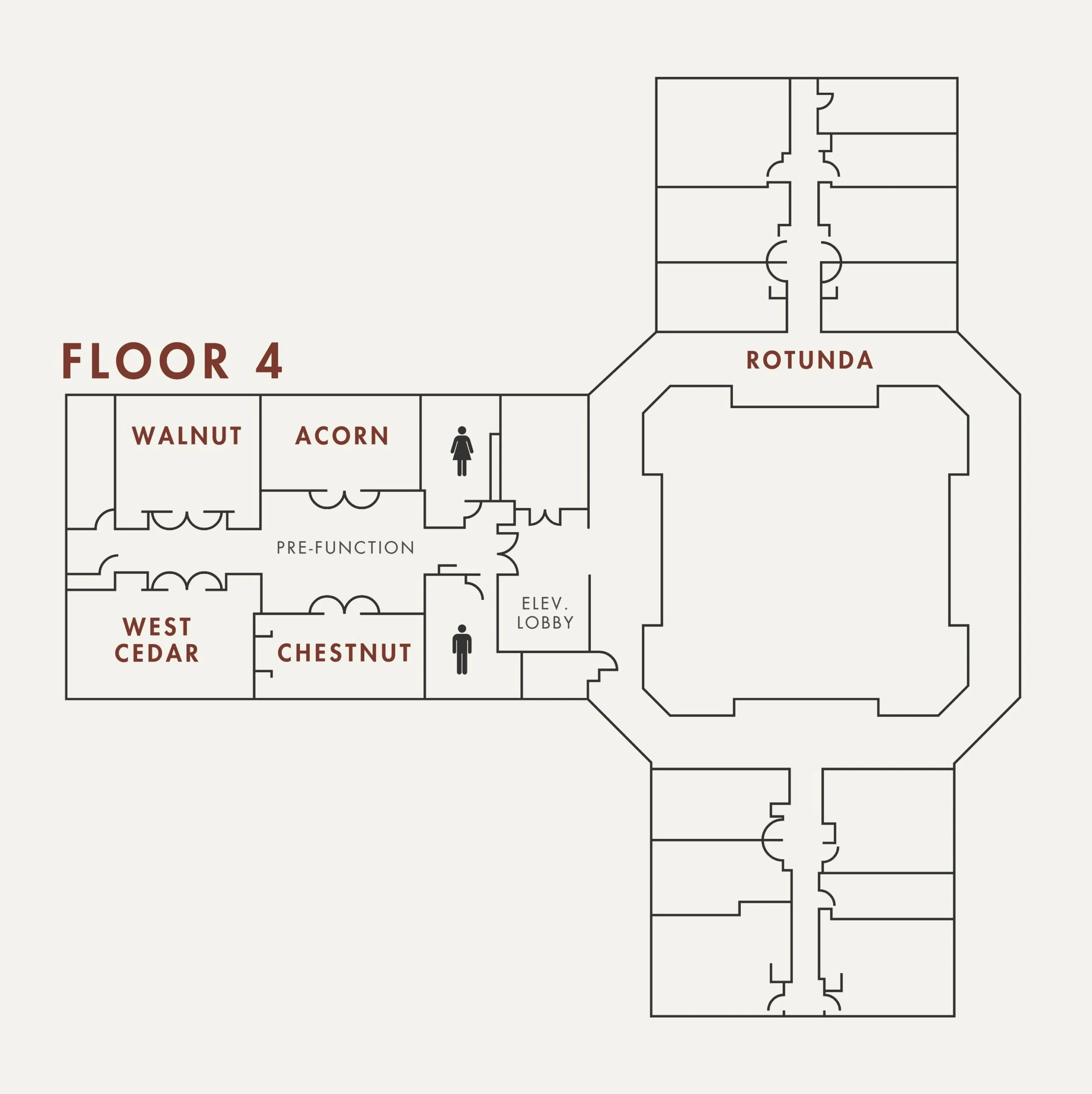 Floor 4 map showing Walnut, Acorn, West Cedar, and Chestnut rooms, pre-function area, elevator lobby, restrooms, and Rotunda.